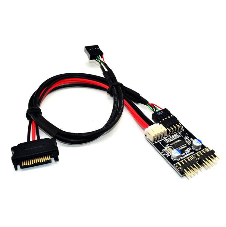 1-to-2 Splitter Motherboard USB 2.0  9Pin Internal Header Male to Dual 2x 9Pin Header Male HUB Converter PCB Board Adapter with Female to Female Extension Cable 60cm and SATA 15Pin Power Cable