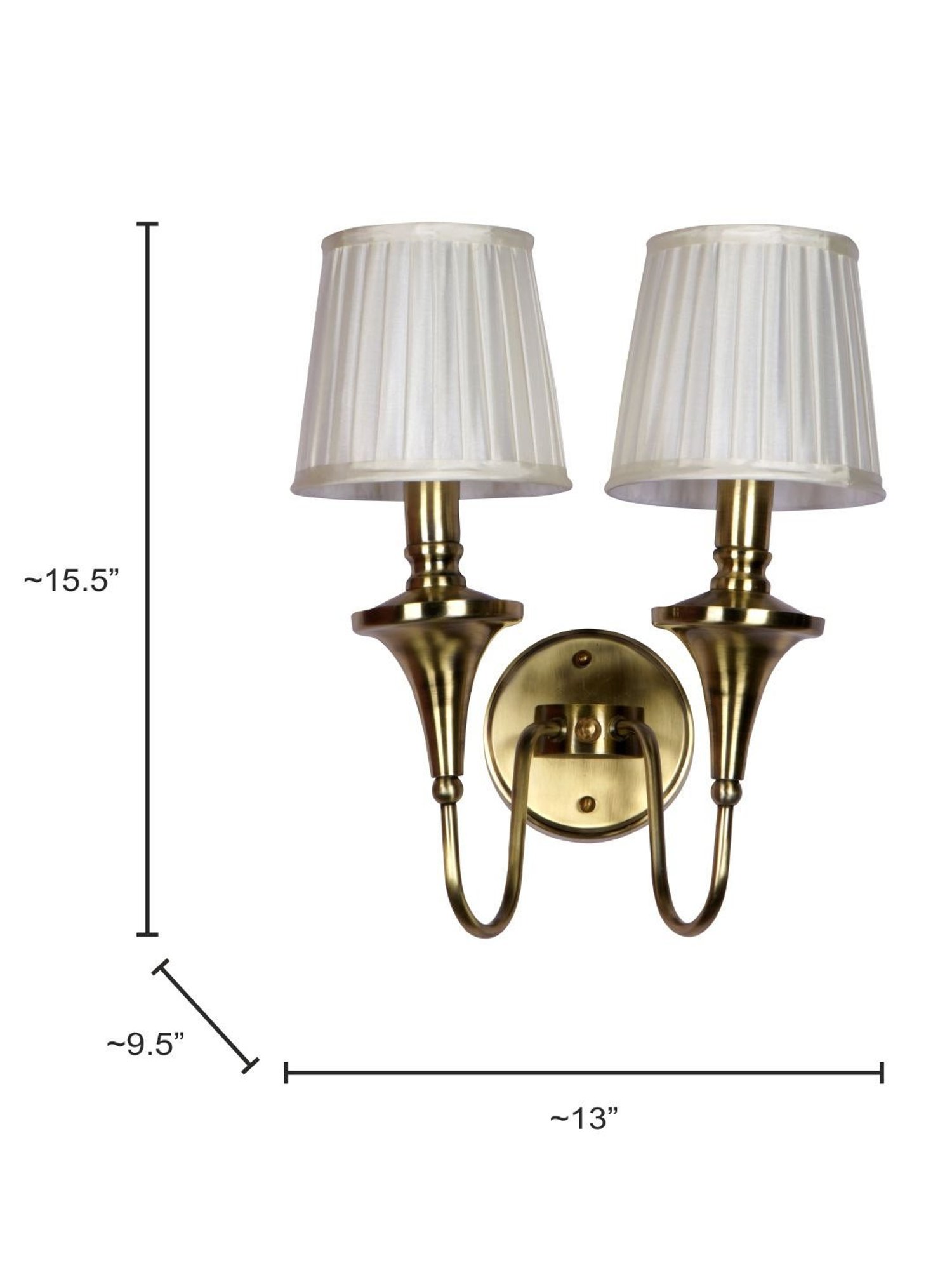 Fos Lighting Gold 15-Inch Brass Double Wall Lamp With White Pleated Fabric Shades