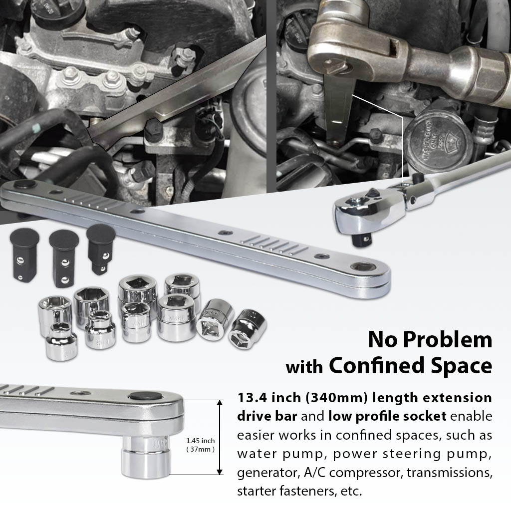 FIRSTINFO Impact Ready Offset Extension Wrench and Low Profile Socket Set, Includes 1/4 Inch and 3/8 Inch Square Drive Adapters and 8mm to 17mm Sockets with 0 Degree Swing Arc for Confined Fasteners