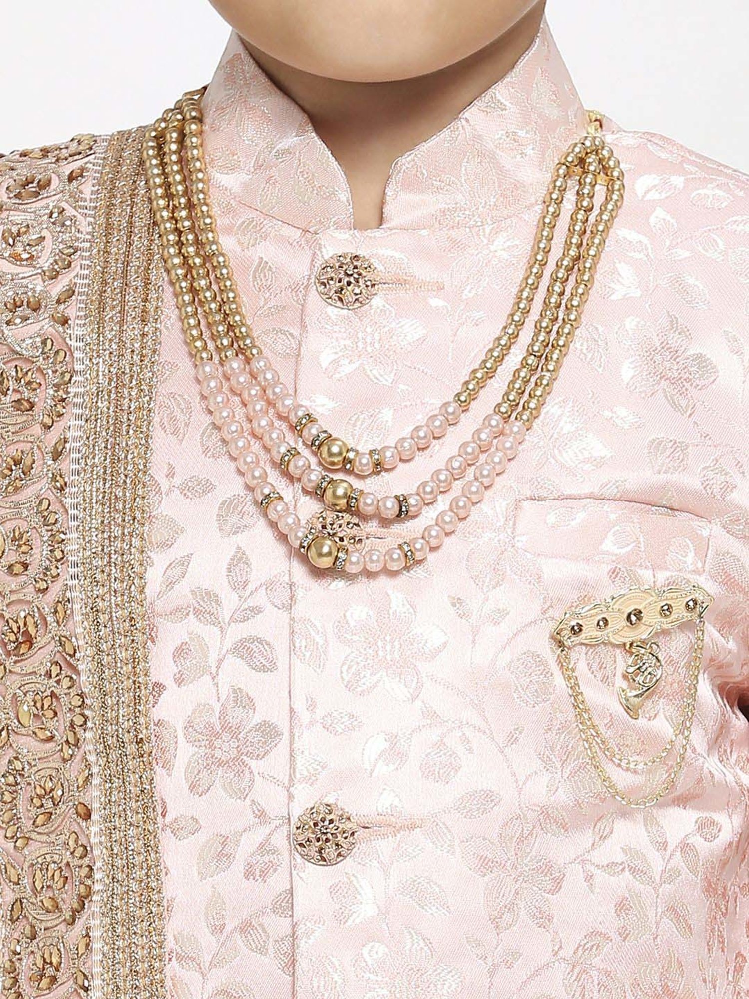 Kids Island Boys Pink Jaquard Full Sleeves Indowestern Set