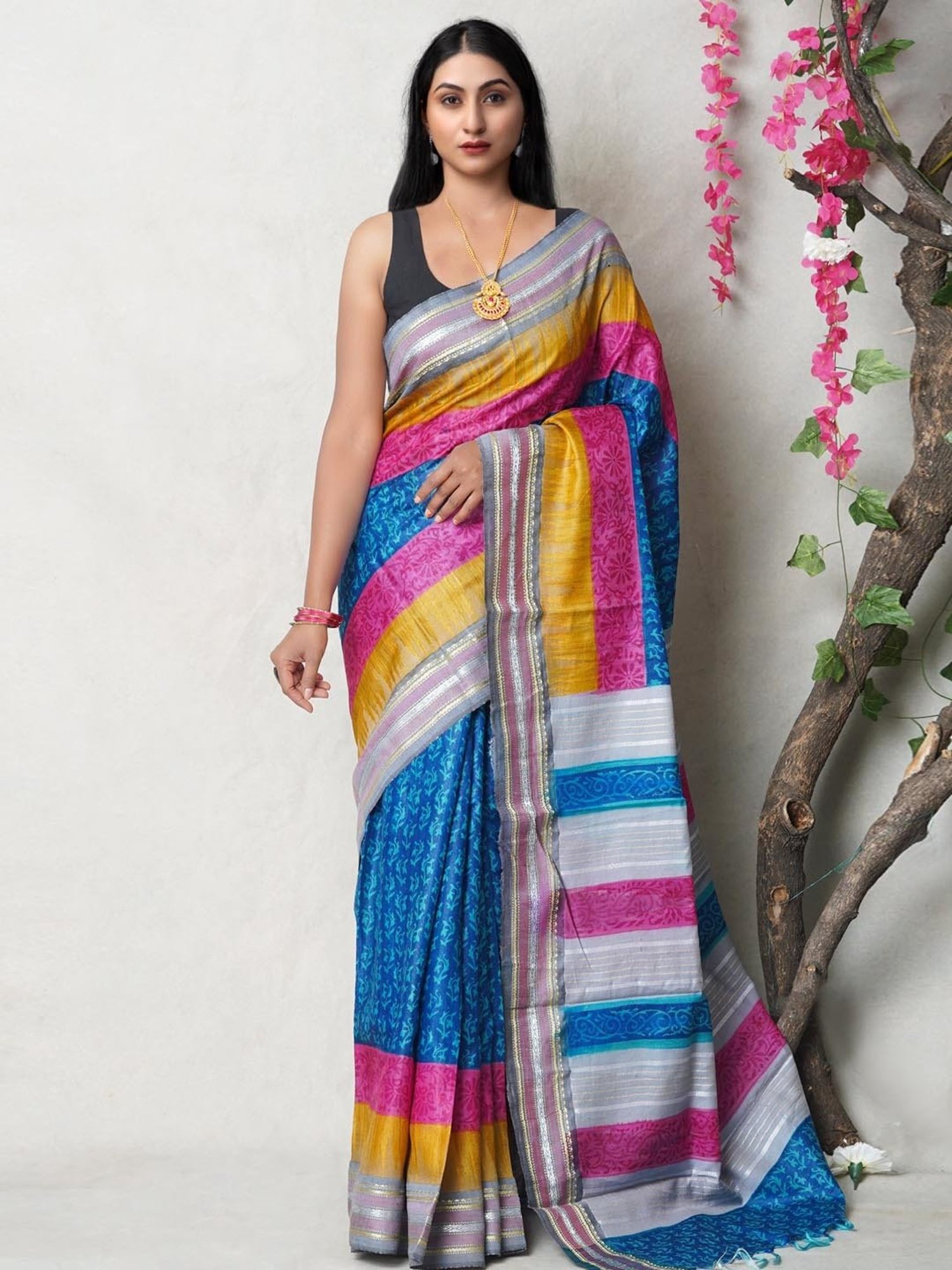 Unnati Silks Blue & Pink Silk Printed Saree With Unstitched Blouse