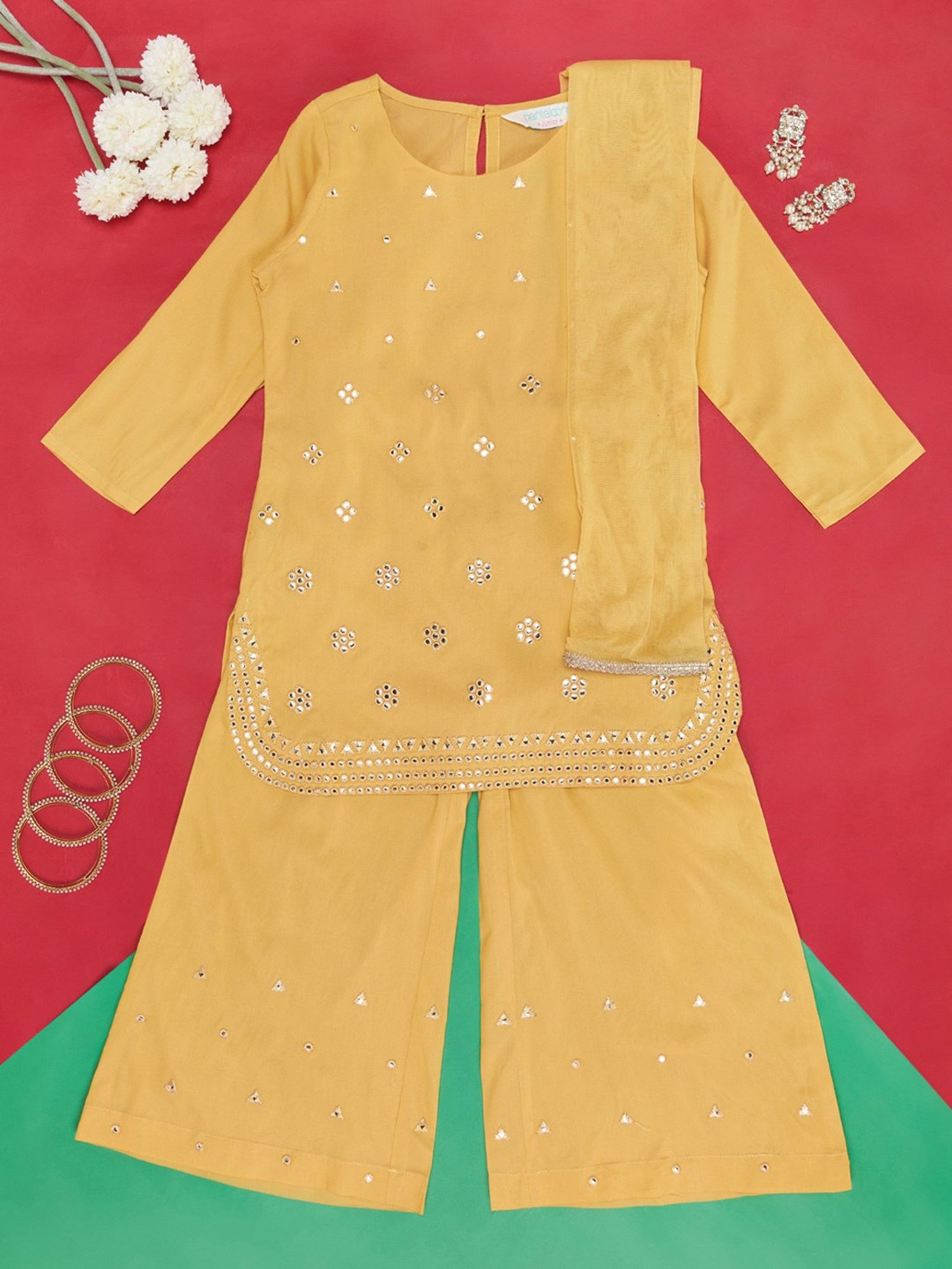 Akkriti by Pantaloons Kids Yellow Embellished Kurta, Pyjamas with Dupatta