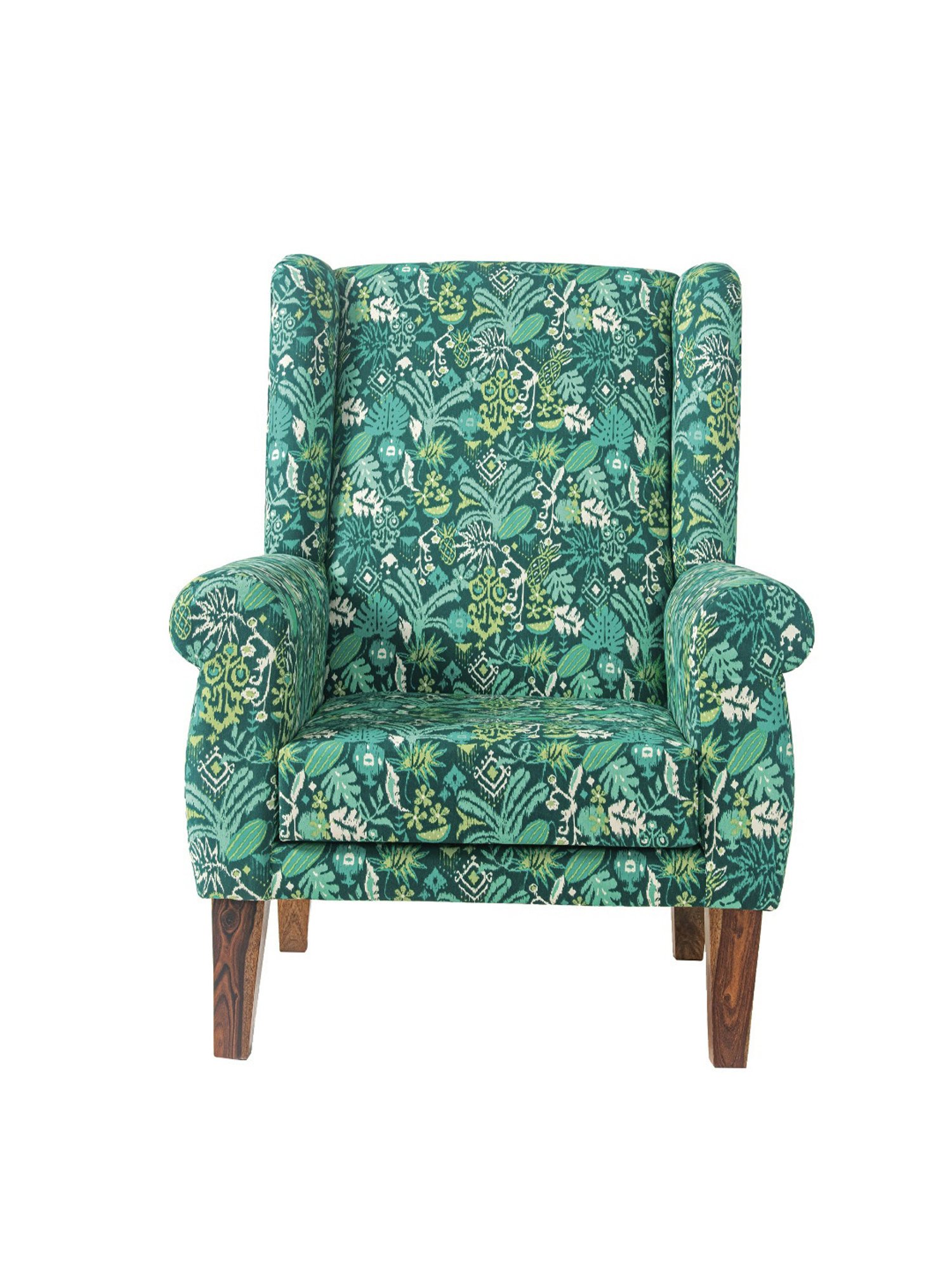 Chumbak Tropical Ikkat Floral Green Sheesham Wood Begum Wing Chair