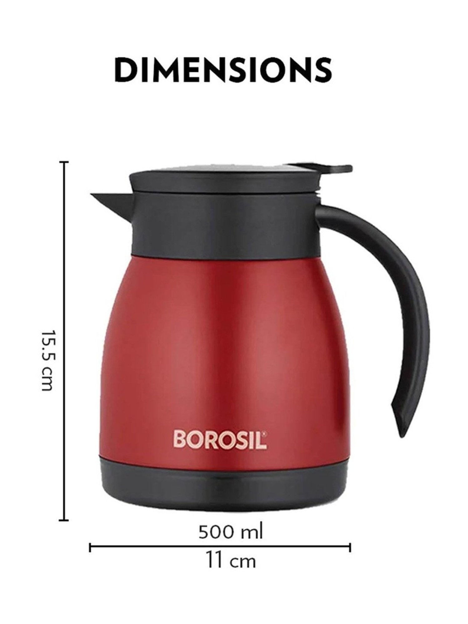 Borosil Red Stainless Steel Teapot with Handle & Double Wall Vacuum Insulated (500 ML)