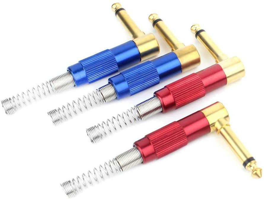 1/4 Audio Plugs 6.35 mm Plug TS Male 1/4 inch Heavy Duty Solder Type Mono Connector with Spring, Right Angle for DJ Mixer, Speaker Guitar Cables, Patch Cable, Microphone Cable Blue+Red (4 Pack)