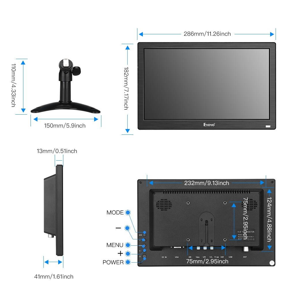 12 inch 1920x1080 IPS LCD Screen Display HDMI TV Monitor, Portable Kitchen TV with HDMI/VGA/AV/USB Input & Remote Control