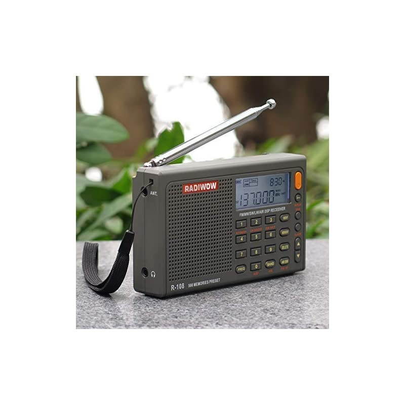 R108 FM StereoLWMWSWAIR BandDSP Full Band Portable Radio with Headphones Jack and Antenna Jack Sleep Timer and Alarm Clock 500 Memories preset Stations 100 preset for Each Band