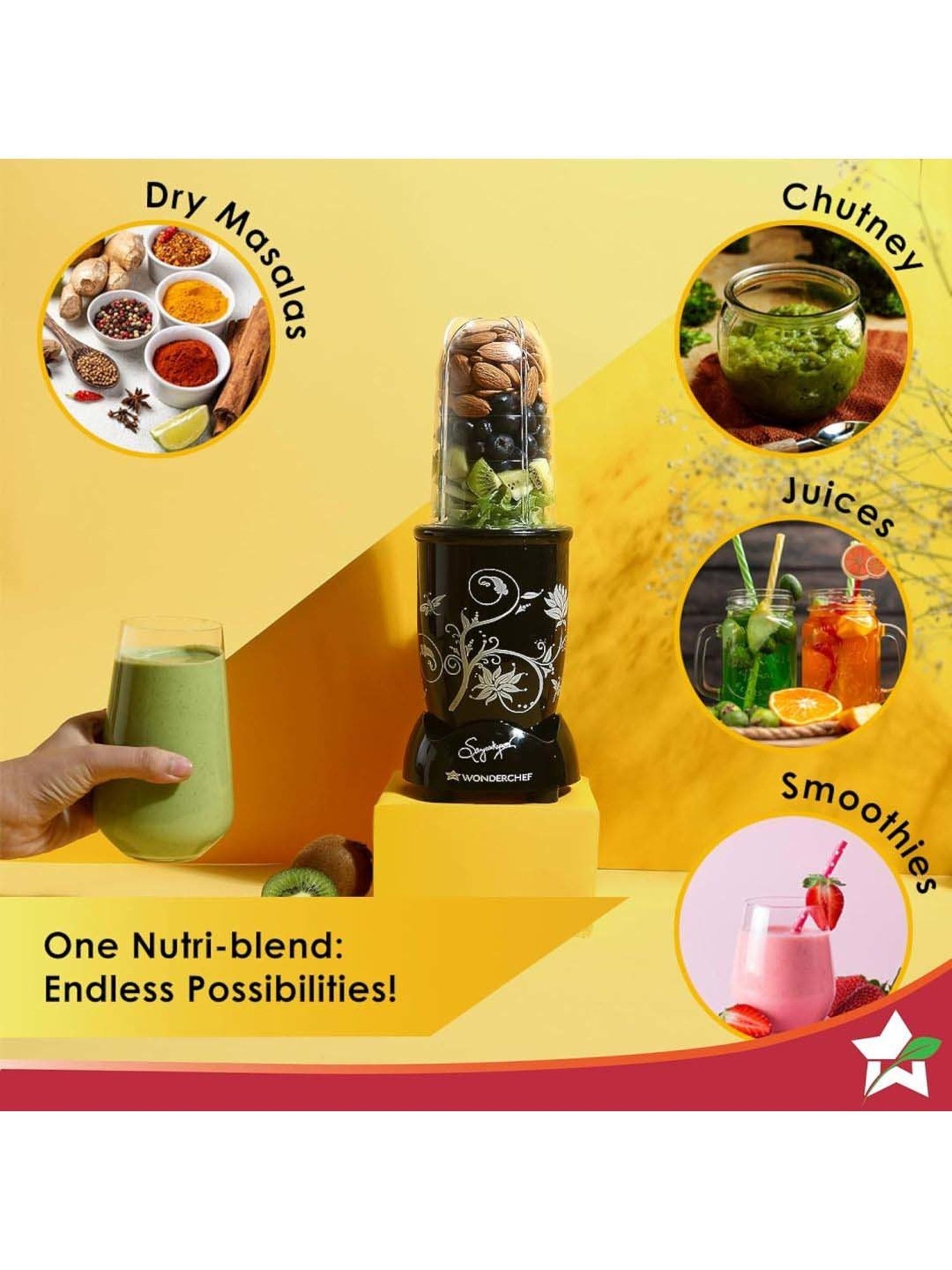 Wonderchef Nutri-Blend 400W Mixer Grinder with 2 Jars & 6 Crystal Glass (Black)