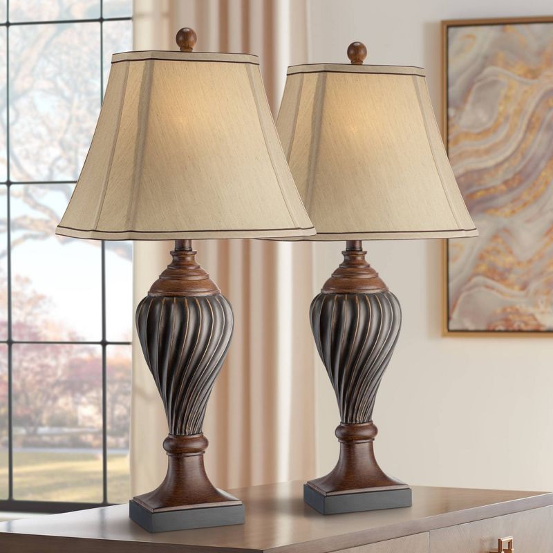 Regency Hill Traditional Table Lamps Set of 2 Carved Two Tone Brown Urn Beige Rectangular Shade for Living Room Family Bedroom