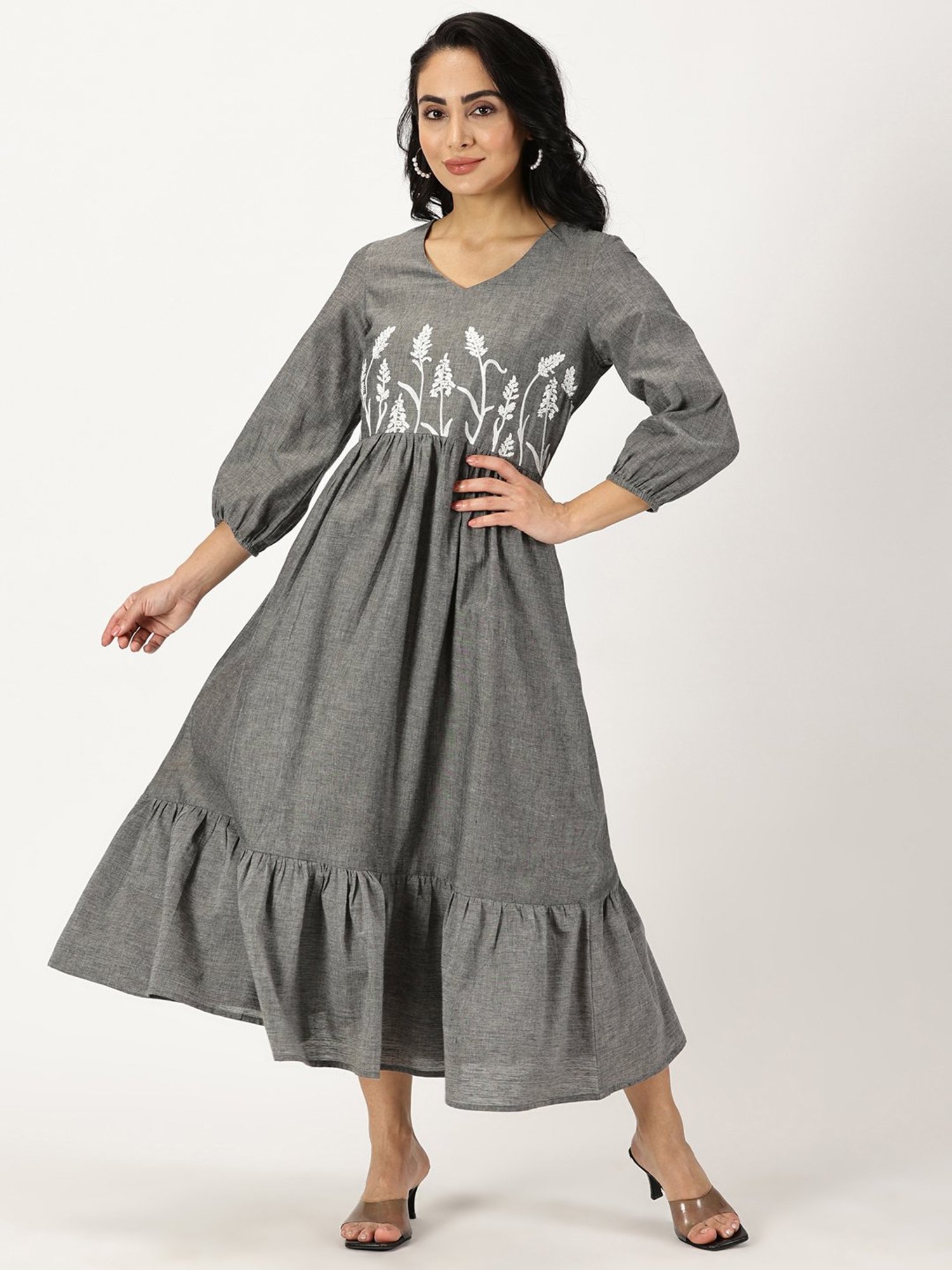 Saffron Threads Grey Cotton Embroidered Ethnic Dress