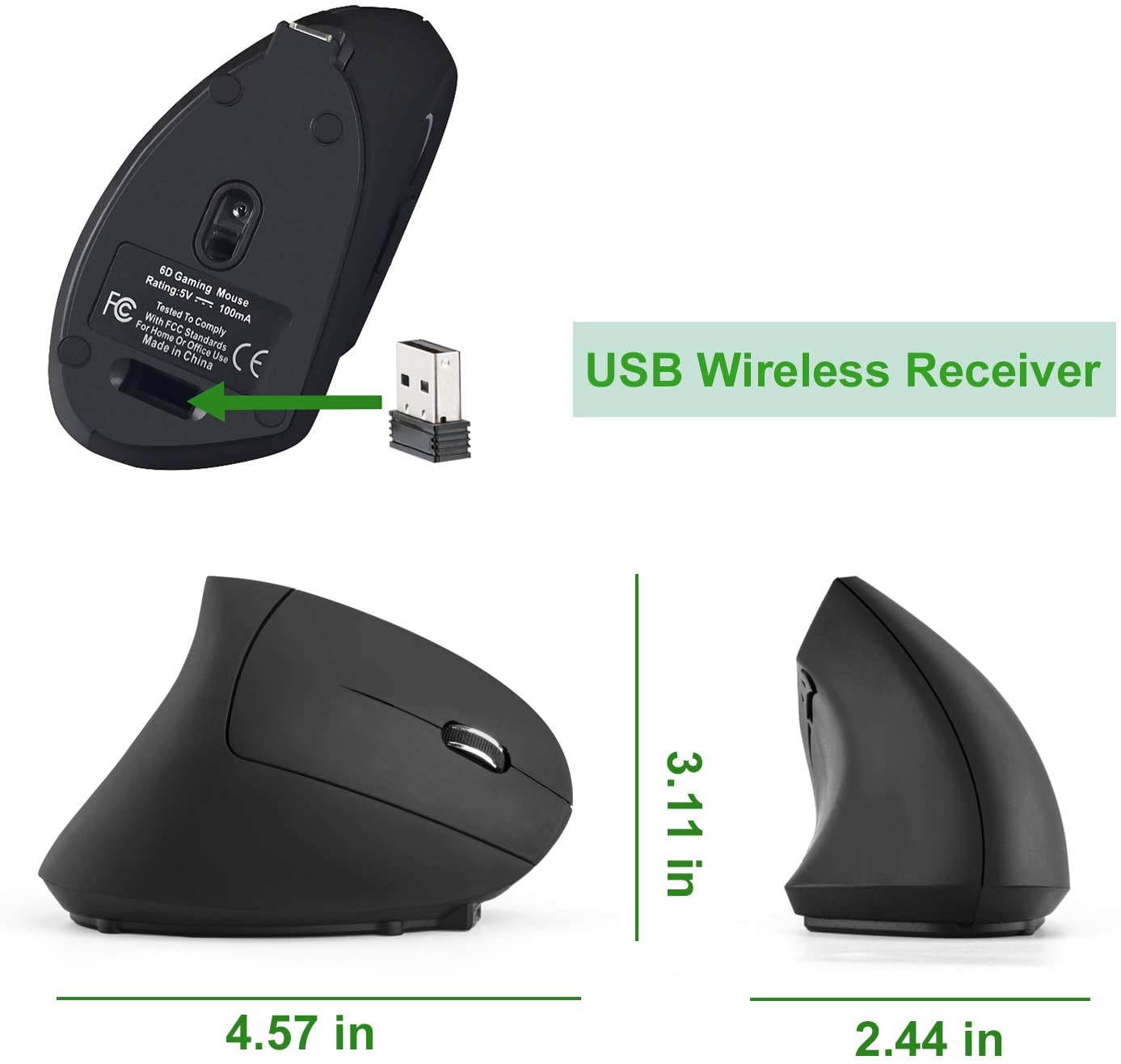 Rechargeable Ergonomic Wireless Mouse, 2.4G USB Optical Vertical Mouse with 3 Adjustable DPI 800/1200/1600 Levels 6 Buttons for Computer, Laptop, PC, MacBook- Black