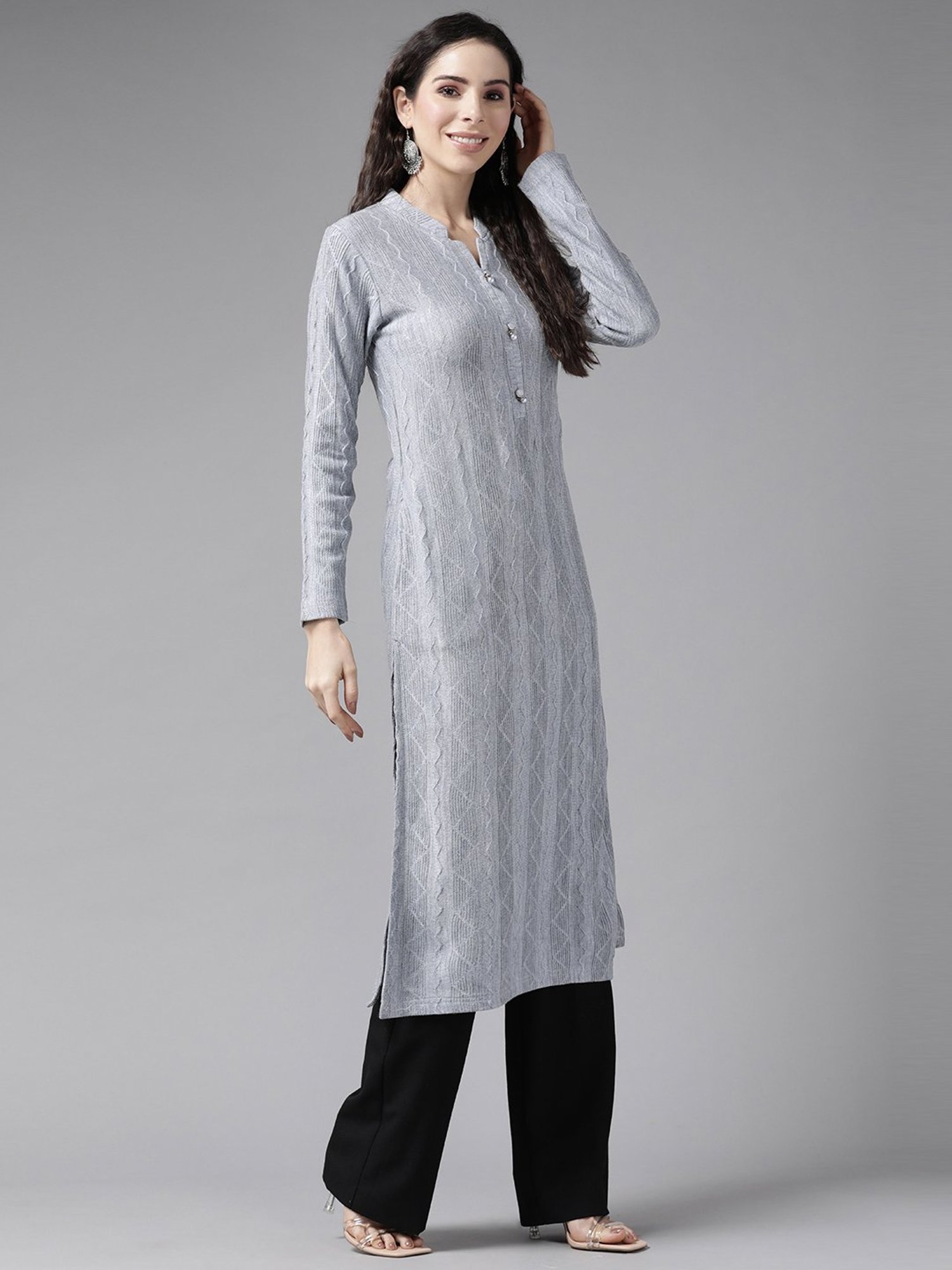 Cayman Grey Striped Straight Kurta