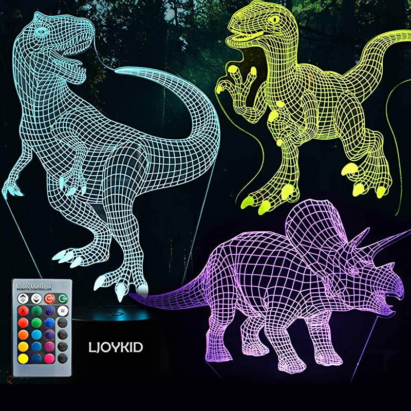 Dinosaur Night Light Illusion Lamp Three Pattern and 7 Color Change Decor Lamp with Remote Control for Kids Dinosaur Gifts for Boys