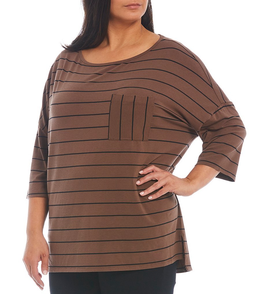 Westbound Plus Size Striped Round Neck 3/4 Sleeve 1 Pocket Tee
