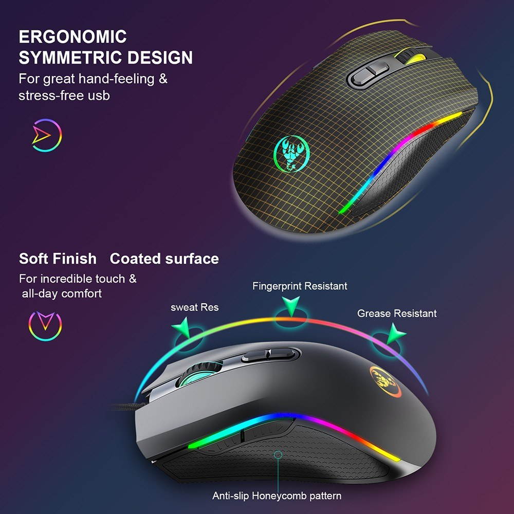 HXSJ Colorful Luminous Gaming Mouse Wired Mouse Six Adjustable DPI Macro Definition Programmable RGB Gaming Mouse A869