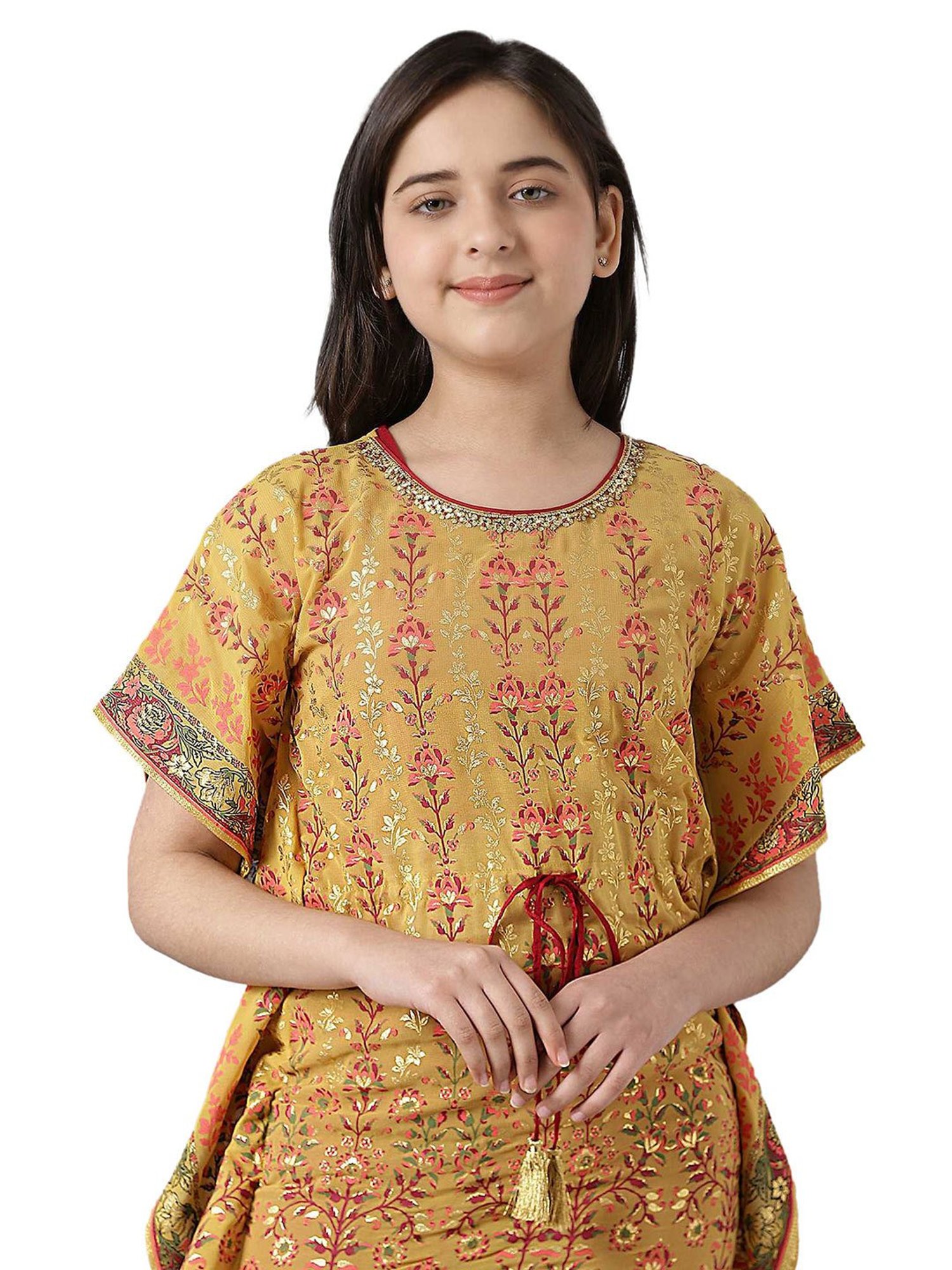 Aurelia Kids Mustard & Red Floral Print Kaftan with Inner & Trousers