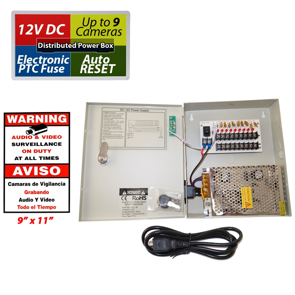 Evertech 9 Channel Power Distribution Box for Security Camera with Key Lock 12V DC 5A Ampere Auto Reset w/CCTV Sign