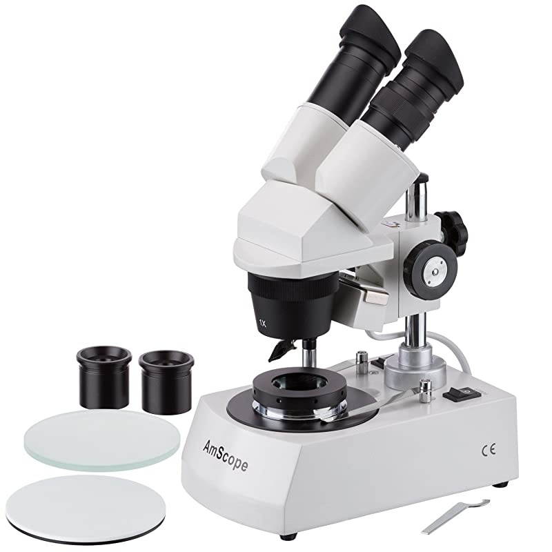 SE305-PZ-DK Binocular Stereo Microscope, WF10x and WF20x Eyepieces, 10X/20X/30X/60X Magnification, 1X and 3X Objectives, Upper and Lower Halogen Lighting, Reversible Black/White Stage Plate, Arm Stan