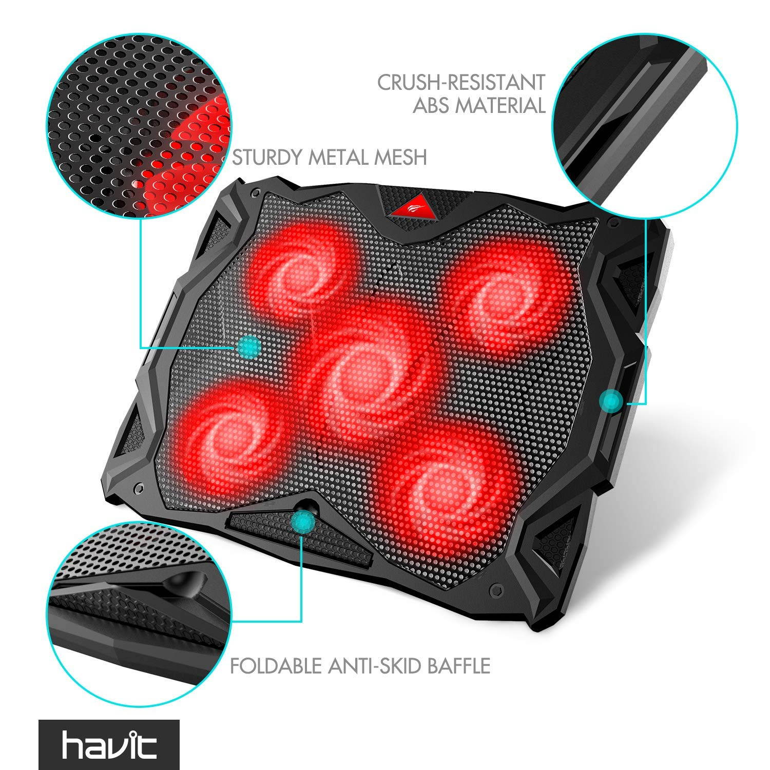 HAVIT 5 Fans Laptop Cooling Pad for 14-17 Inch Laptop, Cooler Pad with LED Light, Dual USB 2.0 Ports, Adjustable Mount Stand (Black)