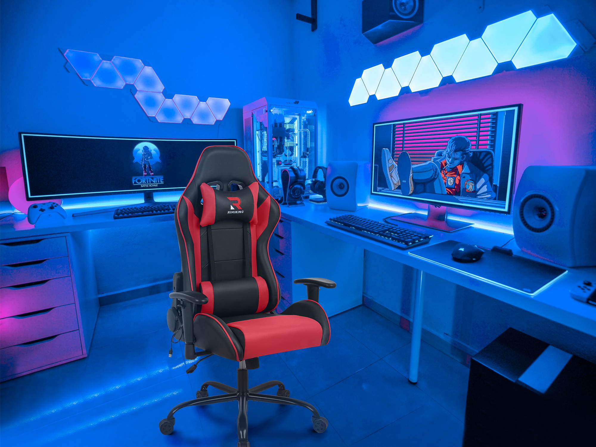 RIMIKING Massage Racing High Back Ergonomic  Computer Gaming Chair  Soft Headrest&Backrest Desk Chair Swivel Adjustable Armrest  Office Chair