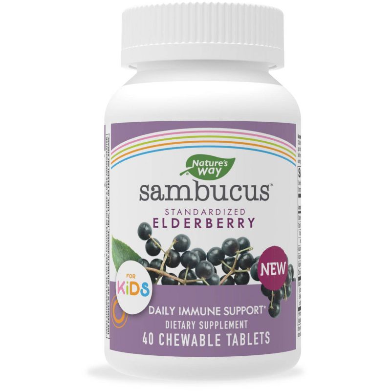 Nature's Way Sambucus Elderberry Kids Chewable Tablets with Vitamin A, Vitamin C & Zinc – 40ct