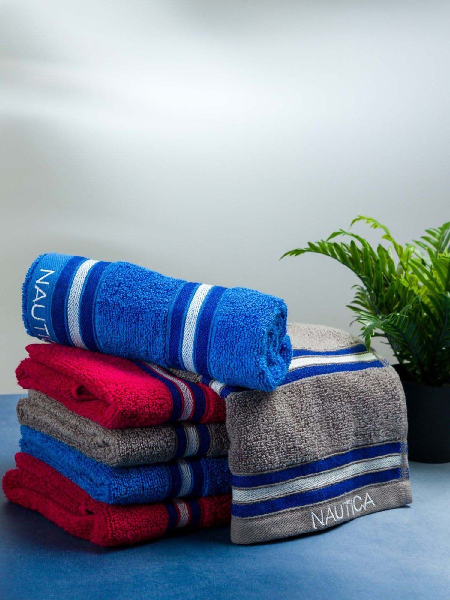 Nautica Vintage Crew Stripe Grey, Royal Blue & Burgundy Cotton 500 GSM Hand Towel - Set of 6