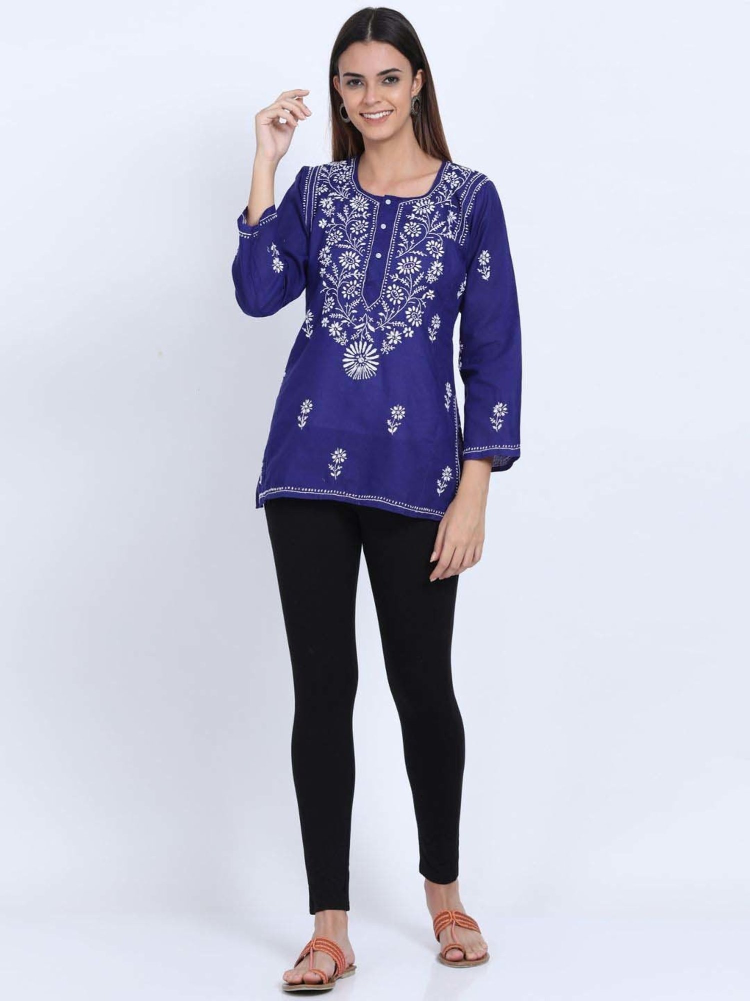 PARAMOUNT CHIKAN Midnight Blue Cotton Chikankari Straight Kurti