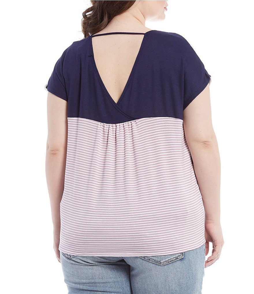 Moa Moa Plus Size Colorblock Scoop Neck Dolman Short Sleeve Back Twist Detail Knit Top