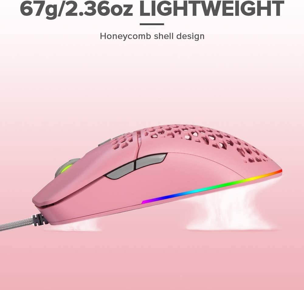 DELUX 67G (2.36oz) Wired Lightweight Gaming Mouse with 7200DPI RGB Backlit and 7 Programmable Buttons Honeycomb Shell Gaming Optical Mouse for PC Computer Laptop(M700BU(A725)(Pink))