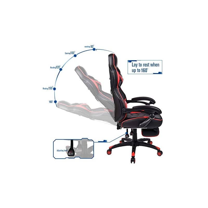 Gaming Chair Racing Office - PU Leather High Back Ergonomic 170 Degree Adjustable Swivel Executive Computer Desk Task Large Size with Footrest,Headrest and Lumbar Support (Red)