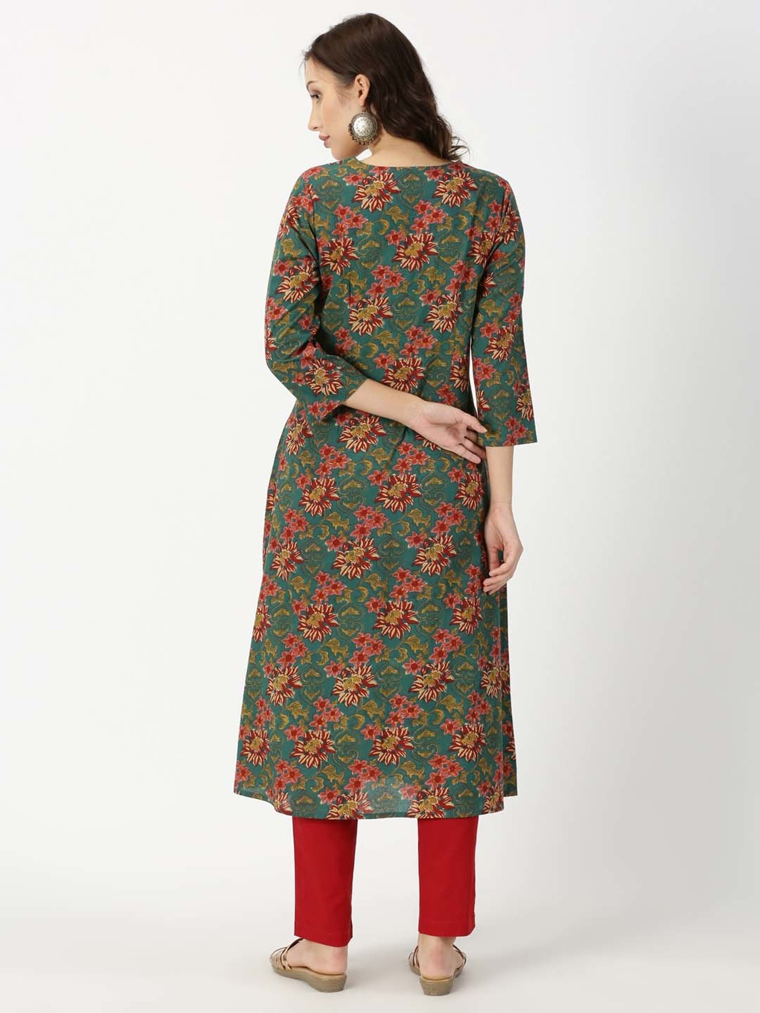 Saffron Threads Green Floral Print A Line Kurta