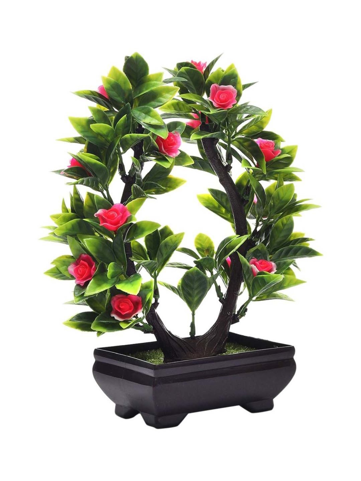 Foliyaj Multicolor Plastic Artificial U Shaped Bonsai Tree With Leaves And Roses