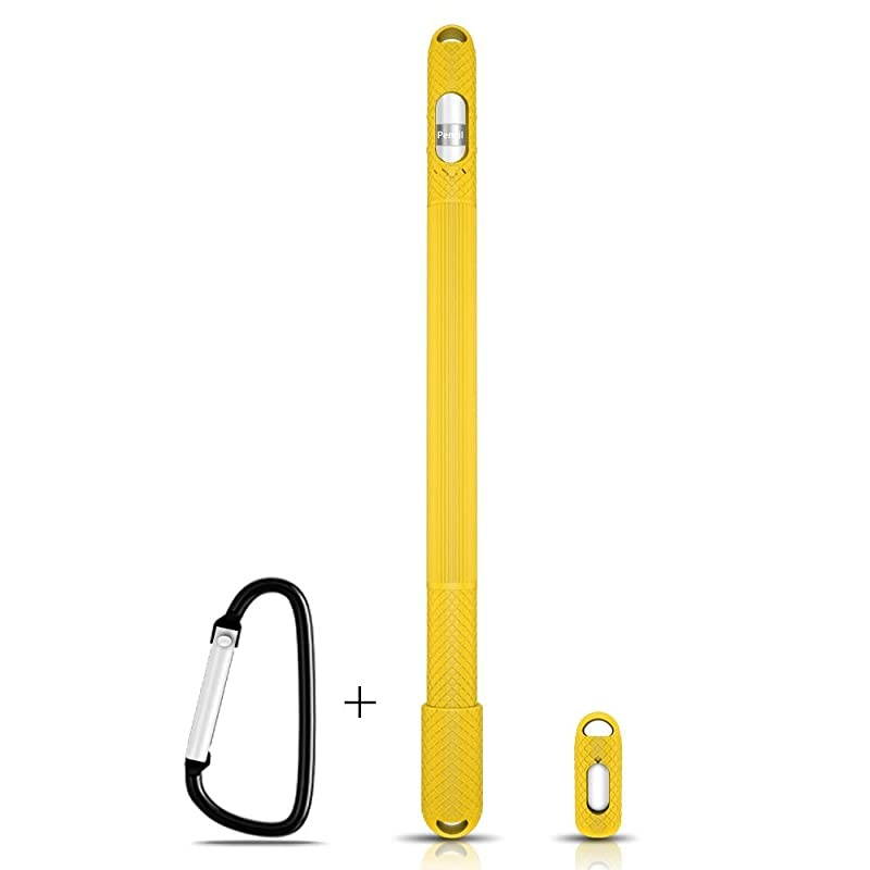 Silicone Case Compatible with Apple Pencil Holder Sleeve Skin Pocket Cover Accessories for iPad Pro,with Charging Cap Holder,Protective Nib Covers and Lightning Adapter Case (Yellow)
