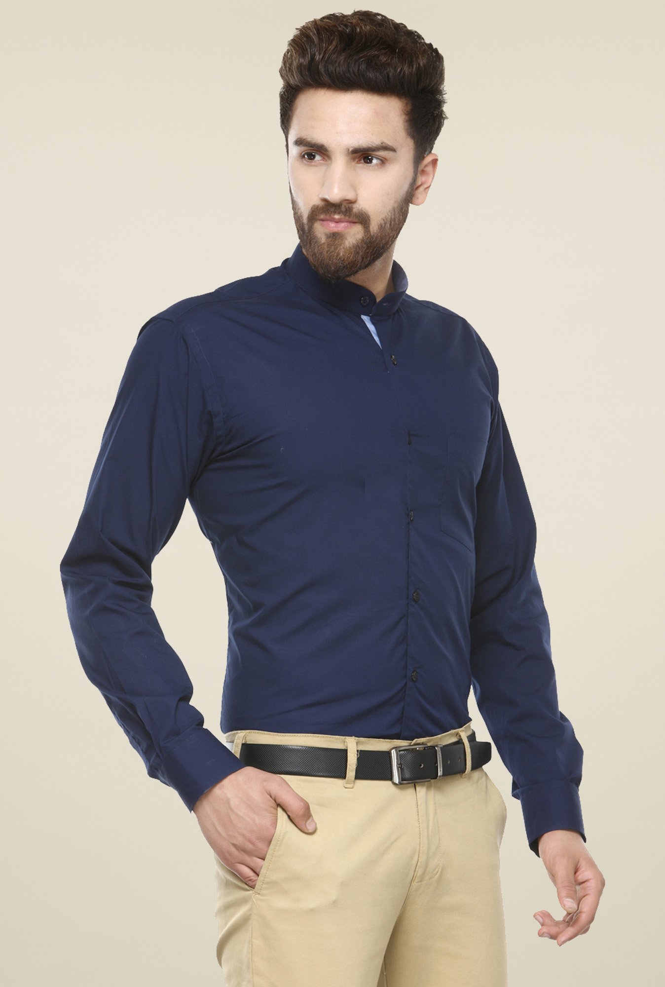 Hancock Navy Solid Cotton Slim Fit Shirt