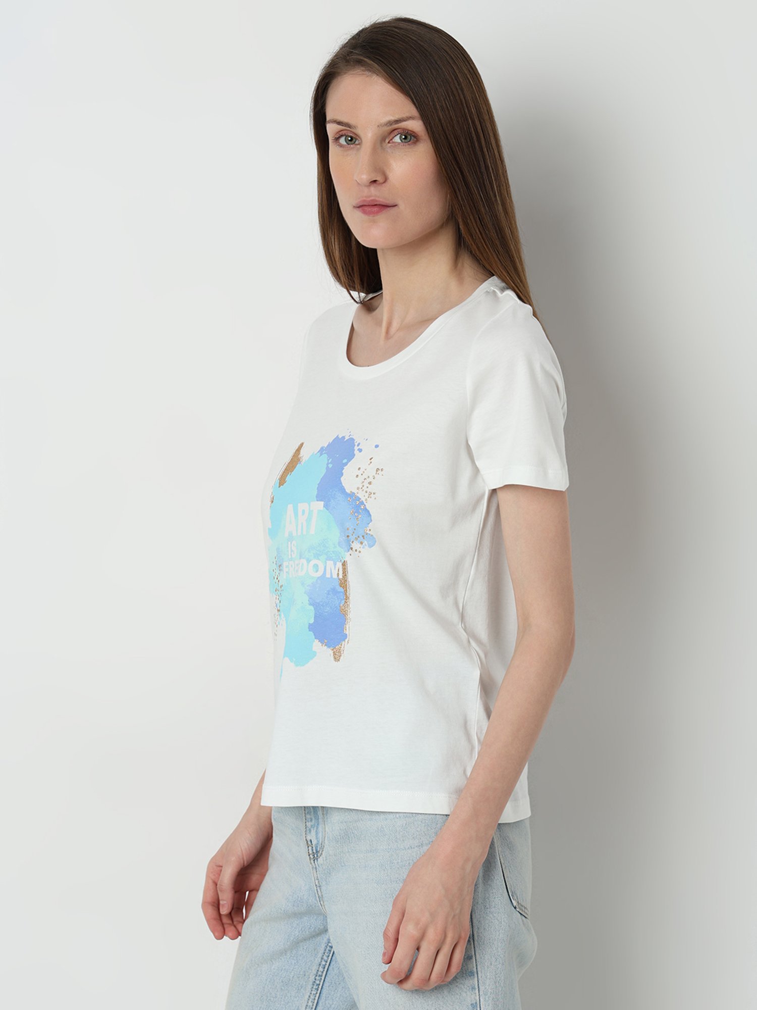 Vero Moda White Cotton Graphic Print T-Shirt