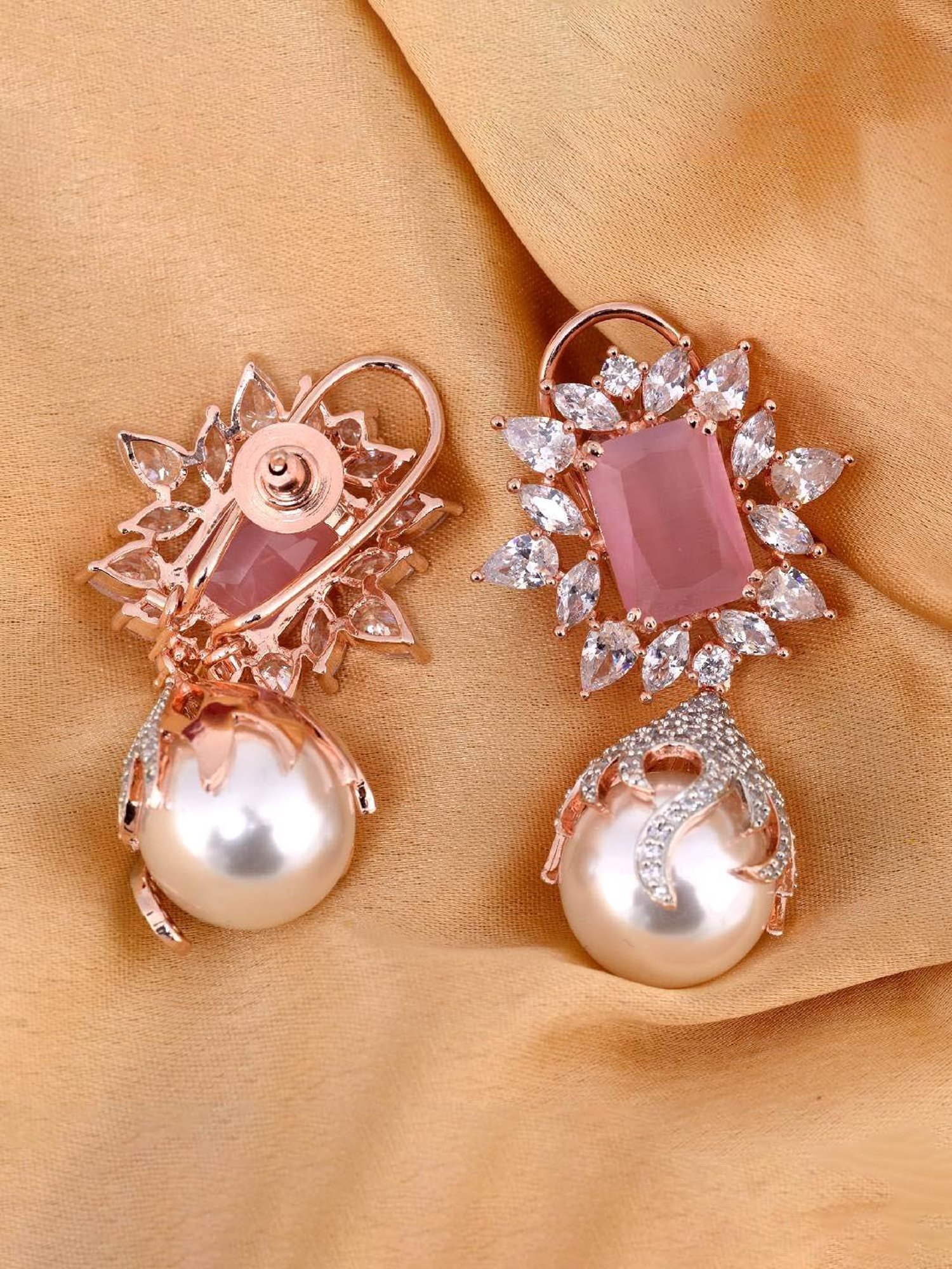 Saraf RS Jewellery Royal Pink Pearl studded drop Earrings
