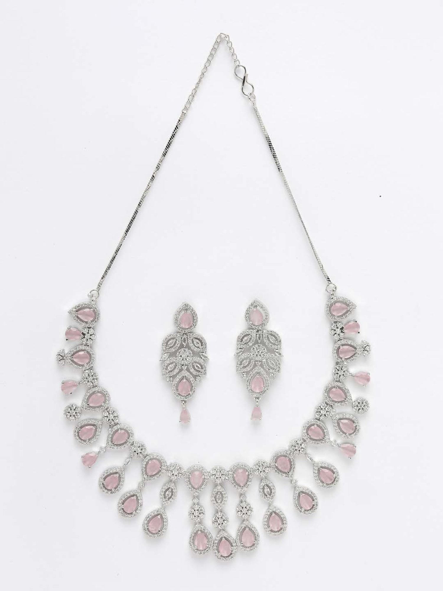 NVR Silver Plated & Pink CZ Stone Handcrafted Jewellery Set For Women