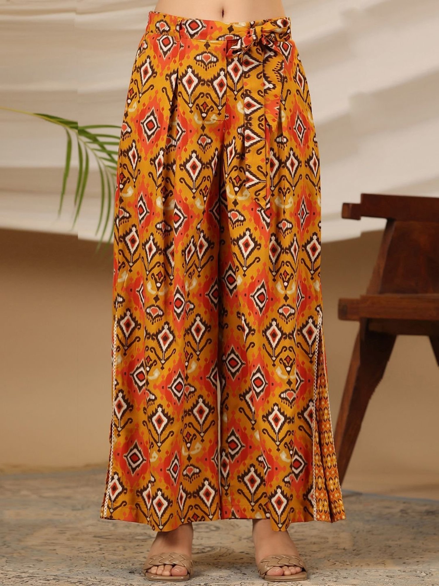 Juniper Mustard Ikat Printed & Tribal Embroidered Rayon Co-Ord Set With Jacket & Kaudis