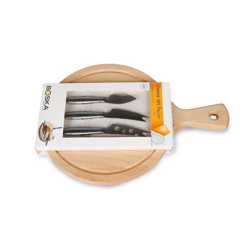 Boska 4pc Set of Stainless Steel Cheese Knives & Beechwood Cheese Board Set