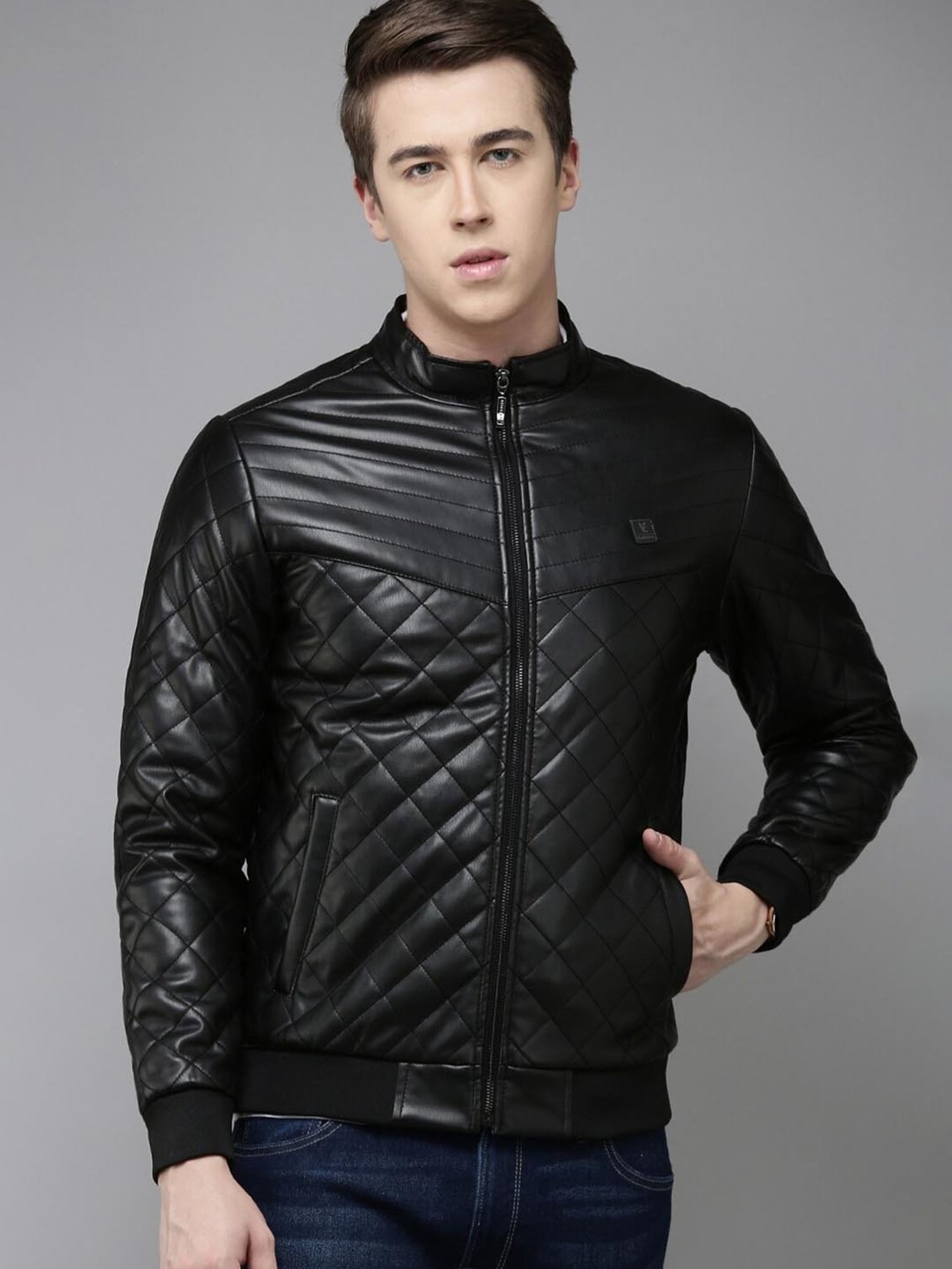V Dot Black Slim Fit Quilted Jacket