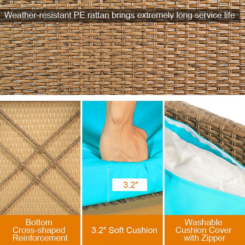 Costway 8PCS Patio Rattan Furniture Set Loveseat w/Wooden Side Table Cushioned Turquoise