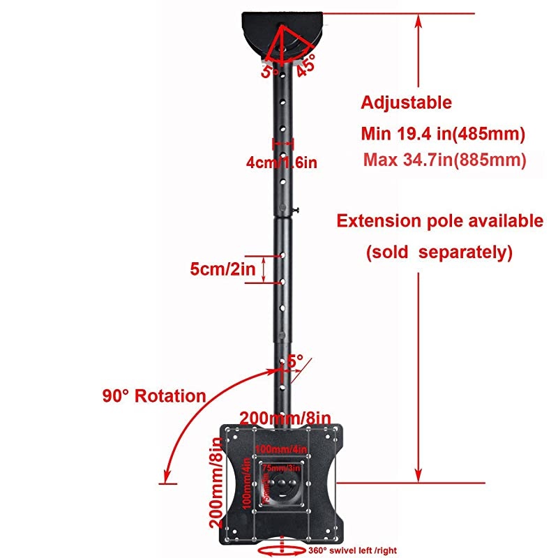 Adjustable Ceiling TV Mount Fits Most 26-65" LCD LED Plasma Monitor Flat Panel Screen Display with VESA 400x400 400x300 400x200 300x300 300x200 200x200mm MLCE7N2 WV3