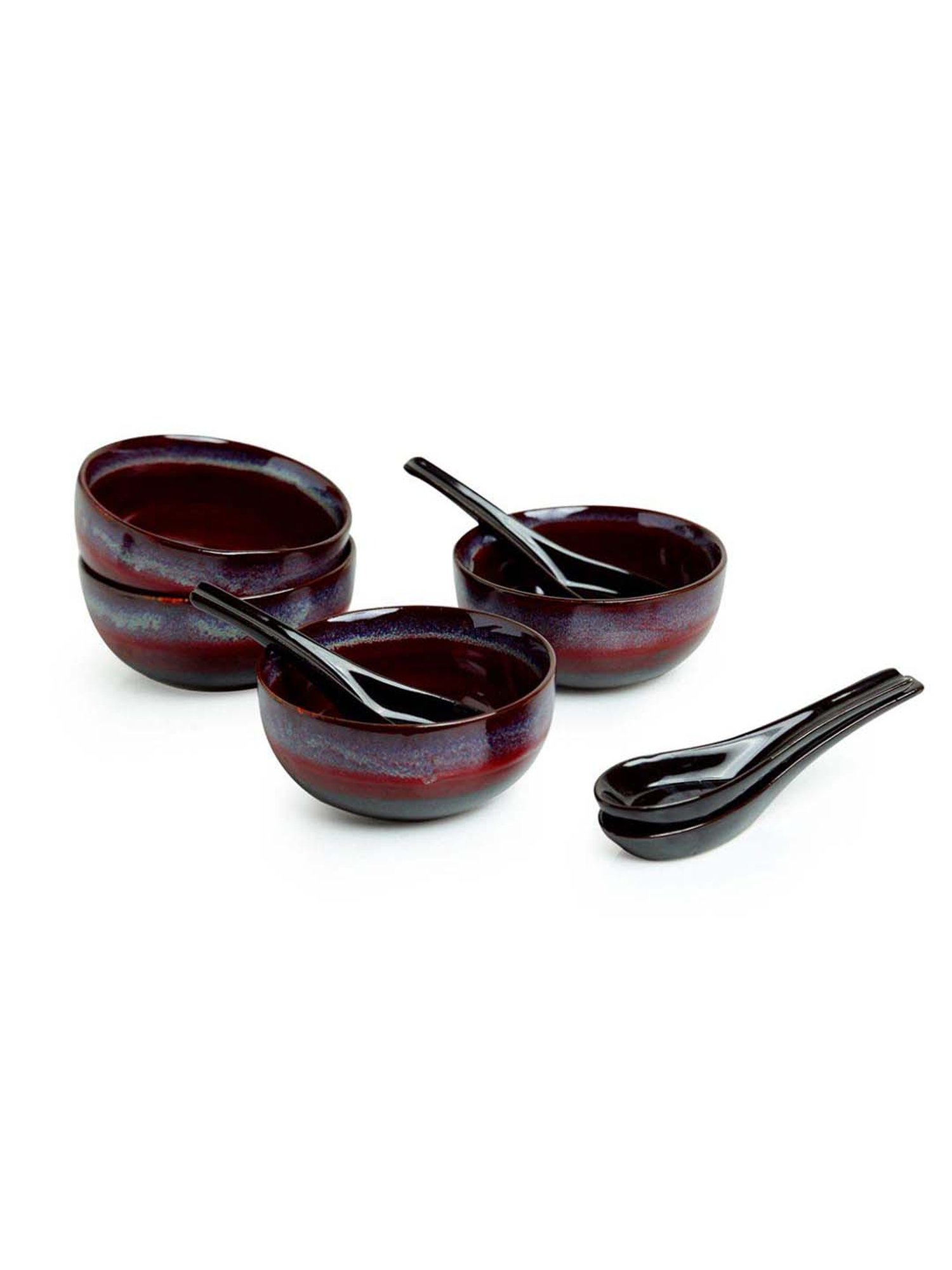ExclusiveLane 'Magma Bowls' Hand Glazed Studio Pottery Ceramic Soup Bowls With Spoons (Set Of 4)