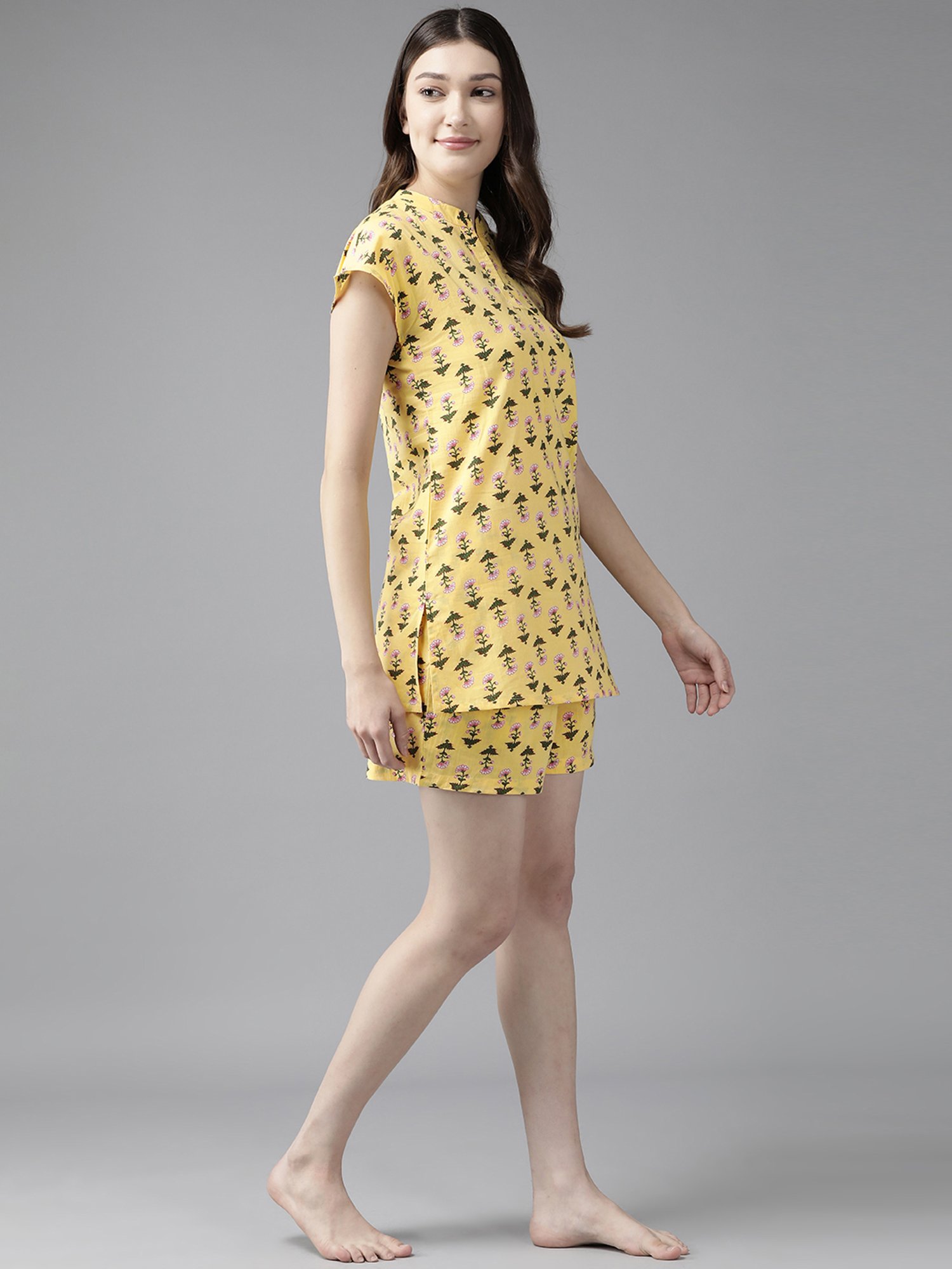 Prakrti Yellow Cotton Printed Top Shorts Set