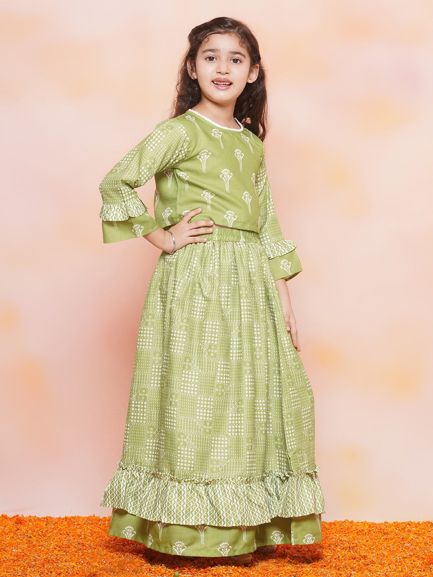 AJ Dezines Kids Olive Printed Lehenga with Choli