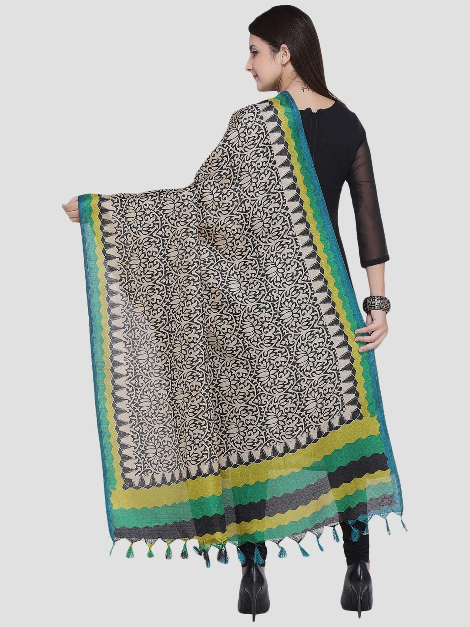Saree Mall Beige & Green Floral Print Dupatta