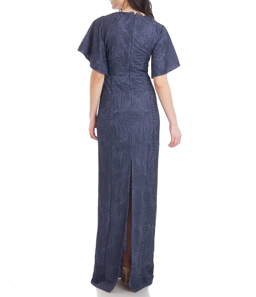 JS Collections Drina V-Neck Column Scalloped Lace Short Flutter Sleeve Gown