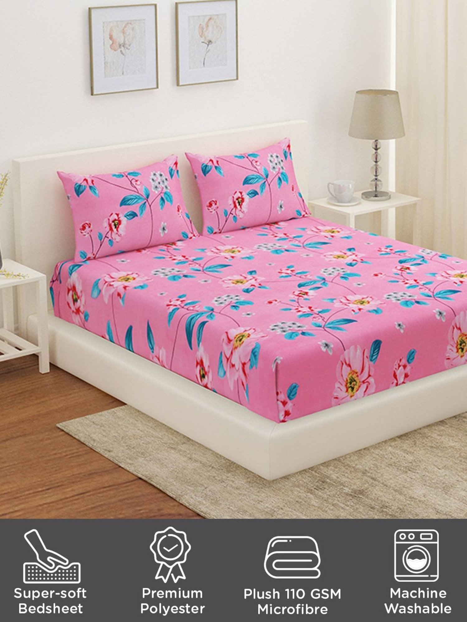 @home Utopia Bloom Floral Pink 110 GSM Cotton Blend Double Bed Sheet with 2 Pillow Covers