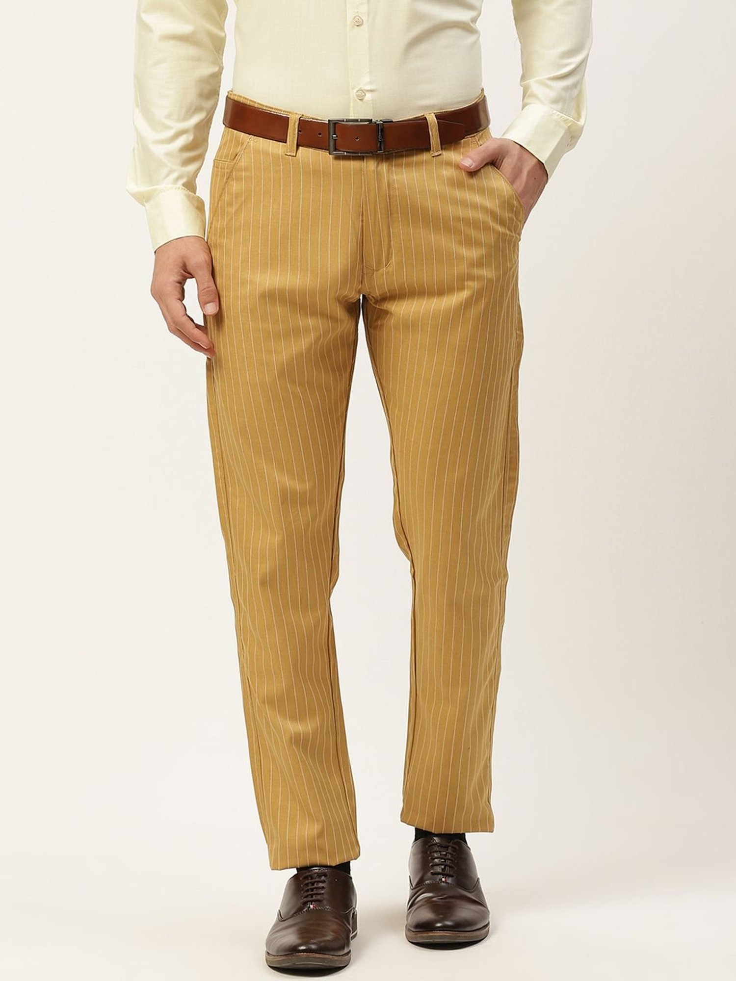 Sojanya Gold Cotton Regular Slim Fit Striped Flat Front Trousers