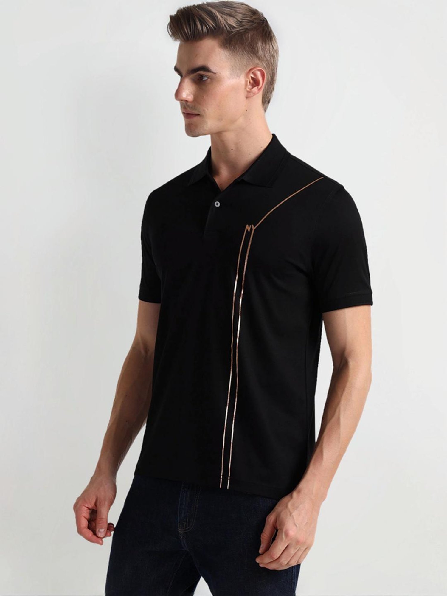 Arrow New York Black Regular Fit Printed Polo T-Shirt